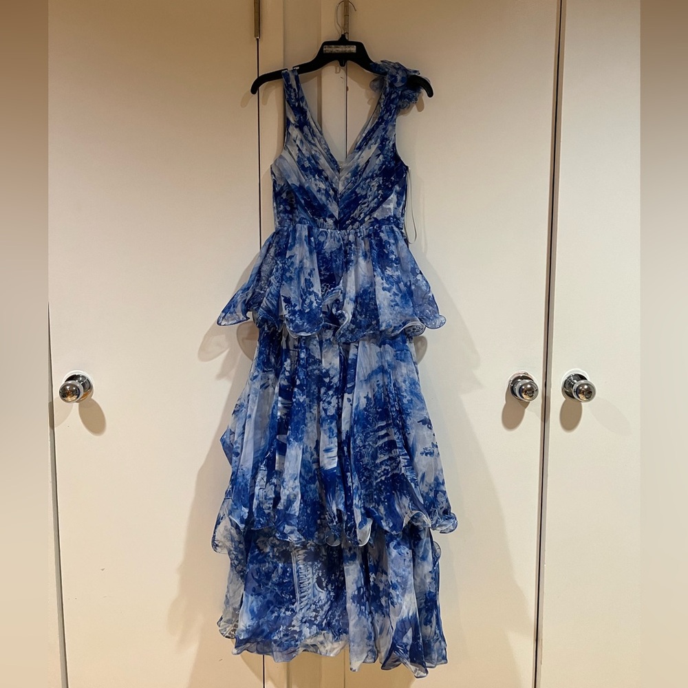 Marchesa Notte Blue and White Painterly Tiered Ruffle Gown Size 0 NWT